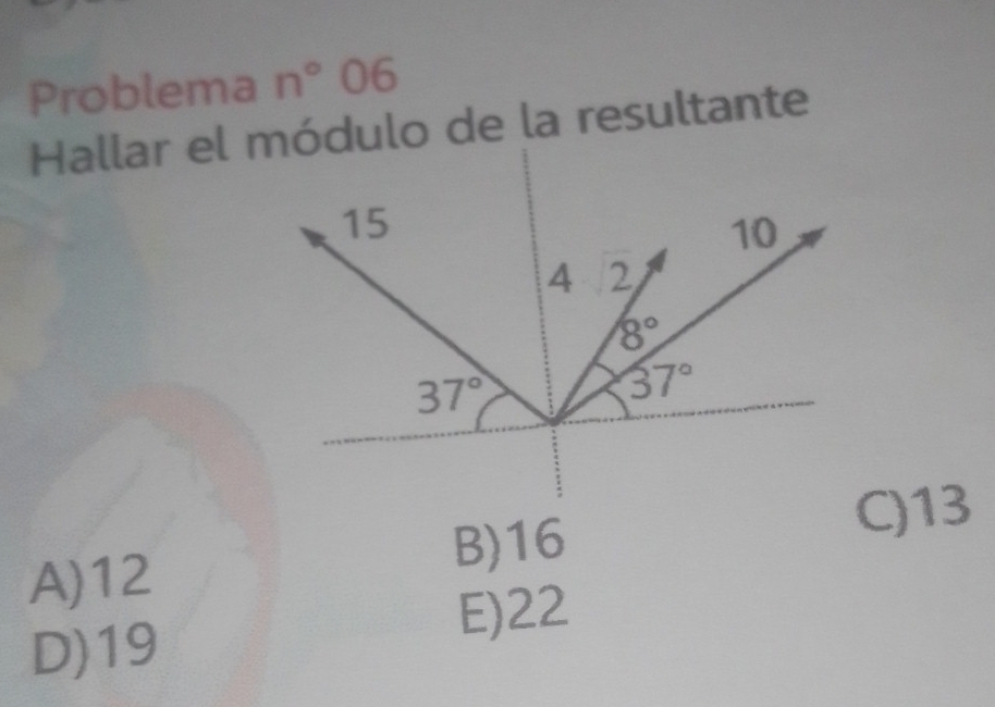 Problema n°06
Hallar el ódulo de la resultante
B)16
C)13
A)12
E)22
D)19