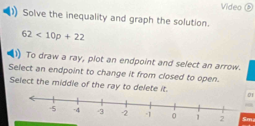 Video ⑥ 
Solve the inequality and graph the solution.
62<10p+22
To draw a ray, plot an endpoint and select an arrow. 
Select an endpoint to change it from closed to open. 
Select the middle of the ray to delete it. 01 
Sma