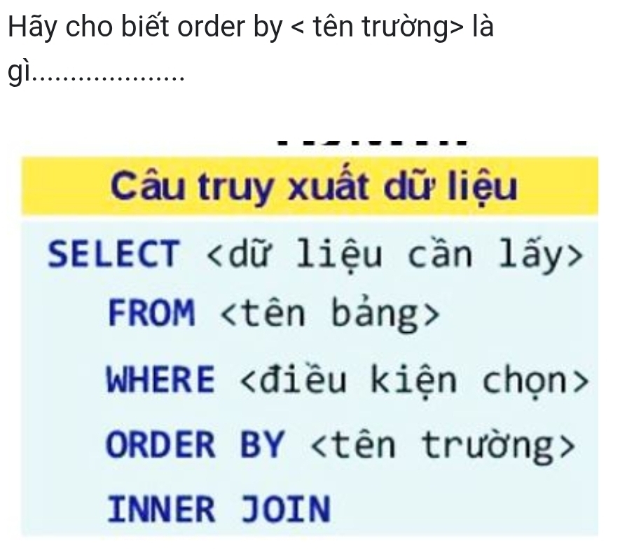 Hy cho biết order by < tên trường là 
gì ................. 
Câu truy xuất dữ liệu 
SELECT
FROM
WHERE
ORDER BY
INNER JOIN