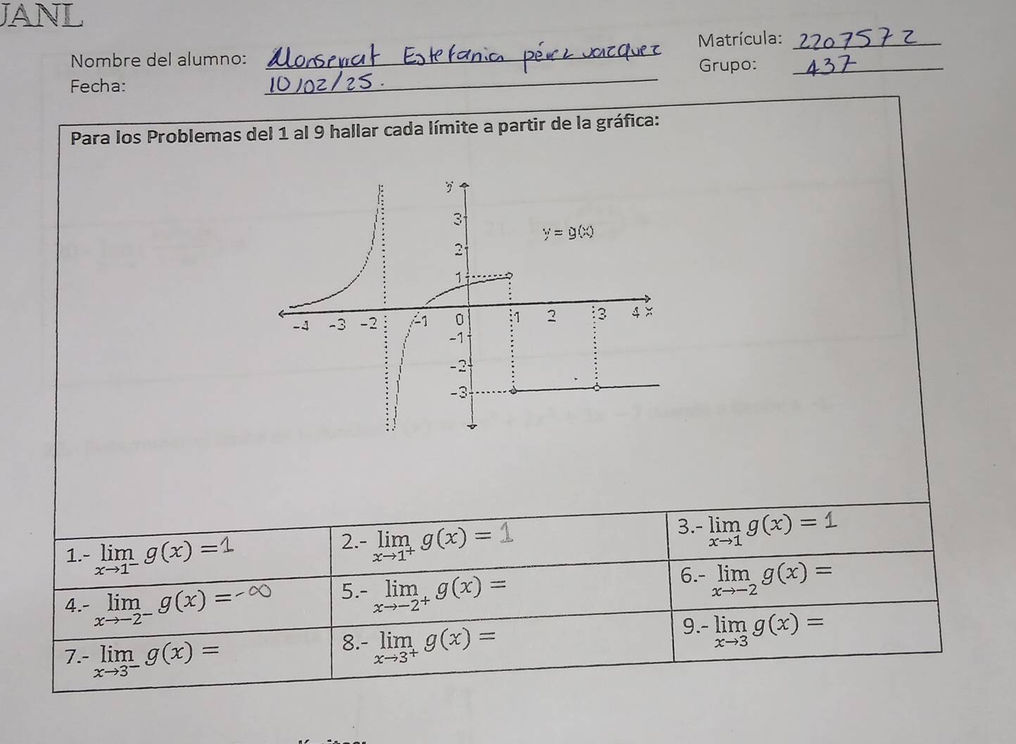 JANL
Matrícula:_
_
_
Nombre del alumno: Grupo:_
Fecha:
Para los Problemas del 1 al 9 hallar cada límite a partir de la gráfica:
1.- limlimits _xto 1^-g(x)=
2.- limlimits _xto 1^+g(x)=
3. limlimits _xto 1g(x)=
4.- limlimits _xto -2^-g(x)=
5. limlimits _xto -2^+g(x)=
6.- limlimits _xto -2g(x)=
9. -limlimits _xto 3g(x)=
7.- limlimits _xto 3^-g(x)=
8. limlimits _xto 3^+g(x)=