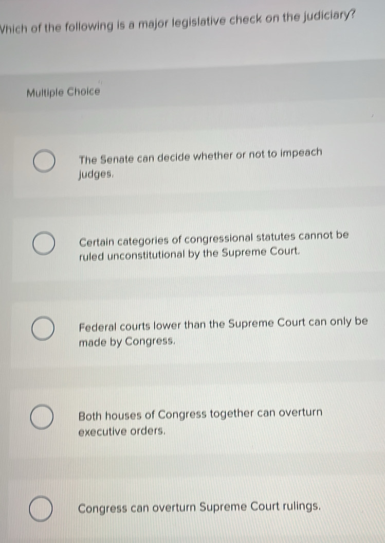 Which of the following is a major legislative check on the judiciary ...