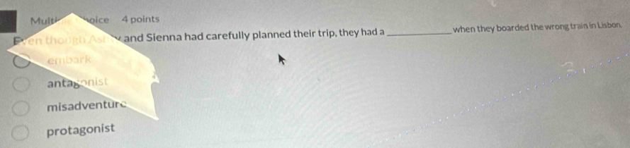 Multh oice 4 points
Even though Ast w and Sienna had carefully planned their trip, they had a _when they boarded the wrong train in Lisbon
embark
antagonist
misadventurc
protagonist