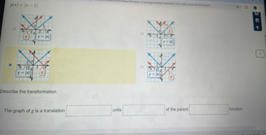 Solved: g(x)=|x-5| 7+-4955-8x56-2a7734756a533 。 Describe the ...
