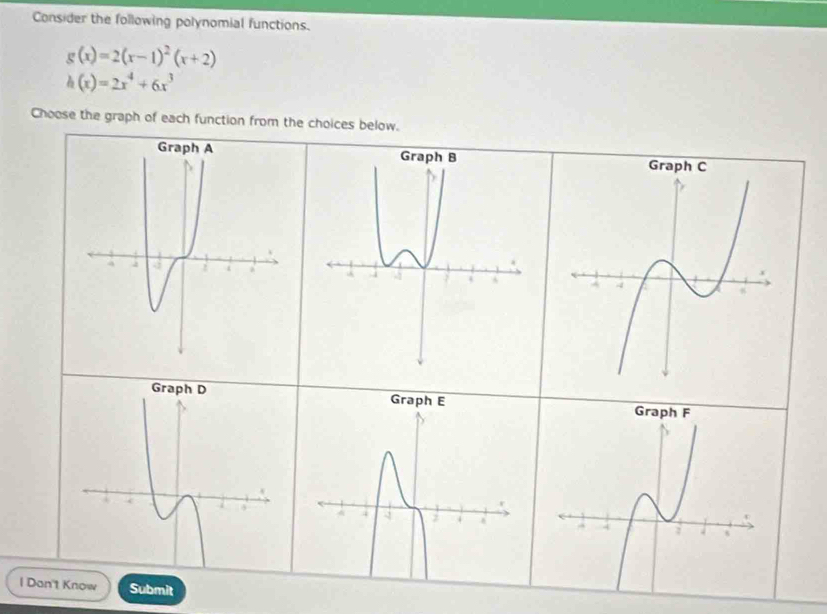 Consider the following polynomial functions.
g(x)=2(x-1)^2(x+2)
h(x)=2x^4+6x^3
Choose the graph of each function from the choices below. 
l Dan't Know Submit