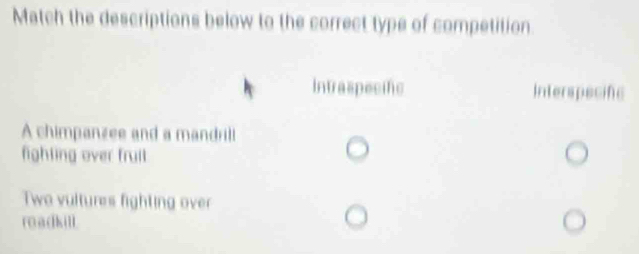 Match the descriptions below to the correct type of competition 
Intraspecifc Interspecifc 
A chimpanzee and a mandrill 
fighting over fruil 
Two vultures fighting over 
roadkill.