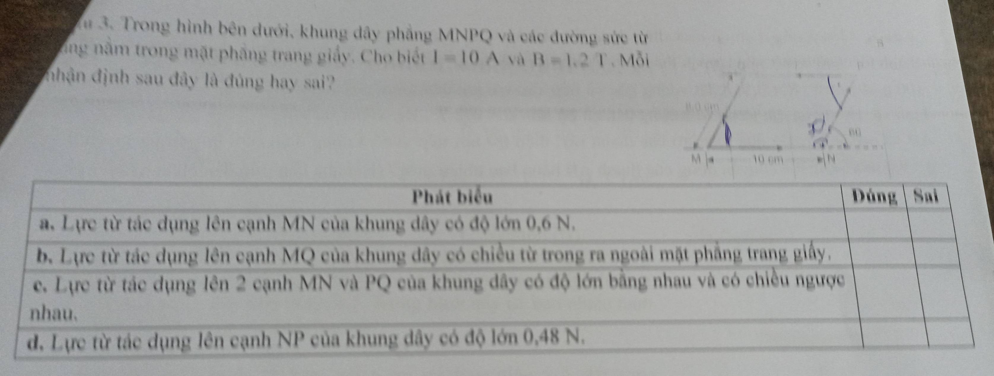 Xu 3. Trong hình bên dưới, khung dây phẳng MNPQ và các đường sức từ 
ăng nằm trong mặt pháng trang giấy. Cho biết I=10A yà B=1.2T Mỗi 
nhận định sau đây là đúng hay sai? 
M . 10 cm