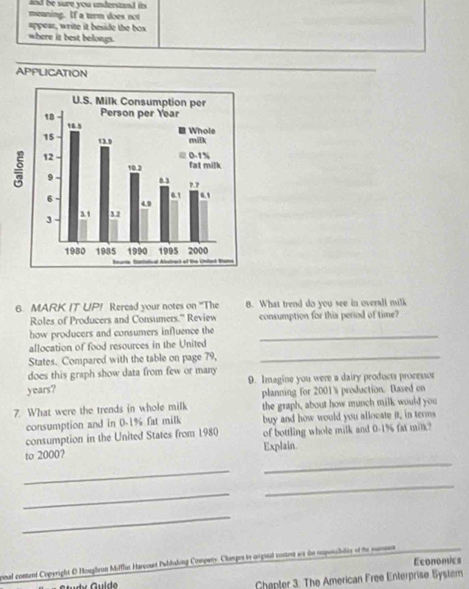 and be sure you understand its 
menning. If a term does not 
appear, write it beside the box 
where it best belongs. 
APPLICATION 
6. MARK IT UP! Rercad your notes on "The 8. What trend do you see in overall milk 
Roles of Producers and Consumers.' Review consumption for this period of time? 
how producers and consumers influence the_ 
allocation of food resources in the United 
States. Compared with the table on page 79,_ 
does this graph show data from few or many
years? 9. Imagine you were a dairy products processor 
planning for 2001% production. Dased on 
7. What were the trends in whole milk the graph, about how munch milk would you 
consumption and in 0-1% fat milk buy and how would you allocate it, in terms 
consumption in the United States from 1980 of bottling whole milk and 0-1% fat milk? 
to 2000? Explain. 
_ 
_ 
_ 
_ 
_ 
Economies 
inal content Copyright O Houghron Mifflin Harcoset Pubdshing Company. Changes to origaed contes are the smpossbilty of the monsaca 
Ghapter 3: The American Free Enterprise Bystem