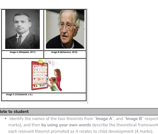 Image A (Wikipedia, 2017) Image B (Britannica, 2010) 
Image G (Gshidworld, n.d.) 
lote to student 
Identify the names of the two theorists from `Image A' , and `Image B' respect 
marks), and then by using your own words describe the theoretical framework 
each relevant theorist promoted as it relates to child development (4 marks).