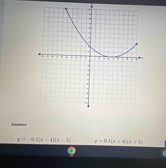 Answer
y=-0.1(x-4)(x-5) y=0.1(x+4)(x+5)