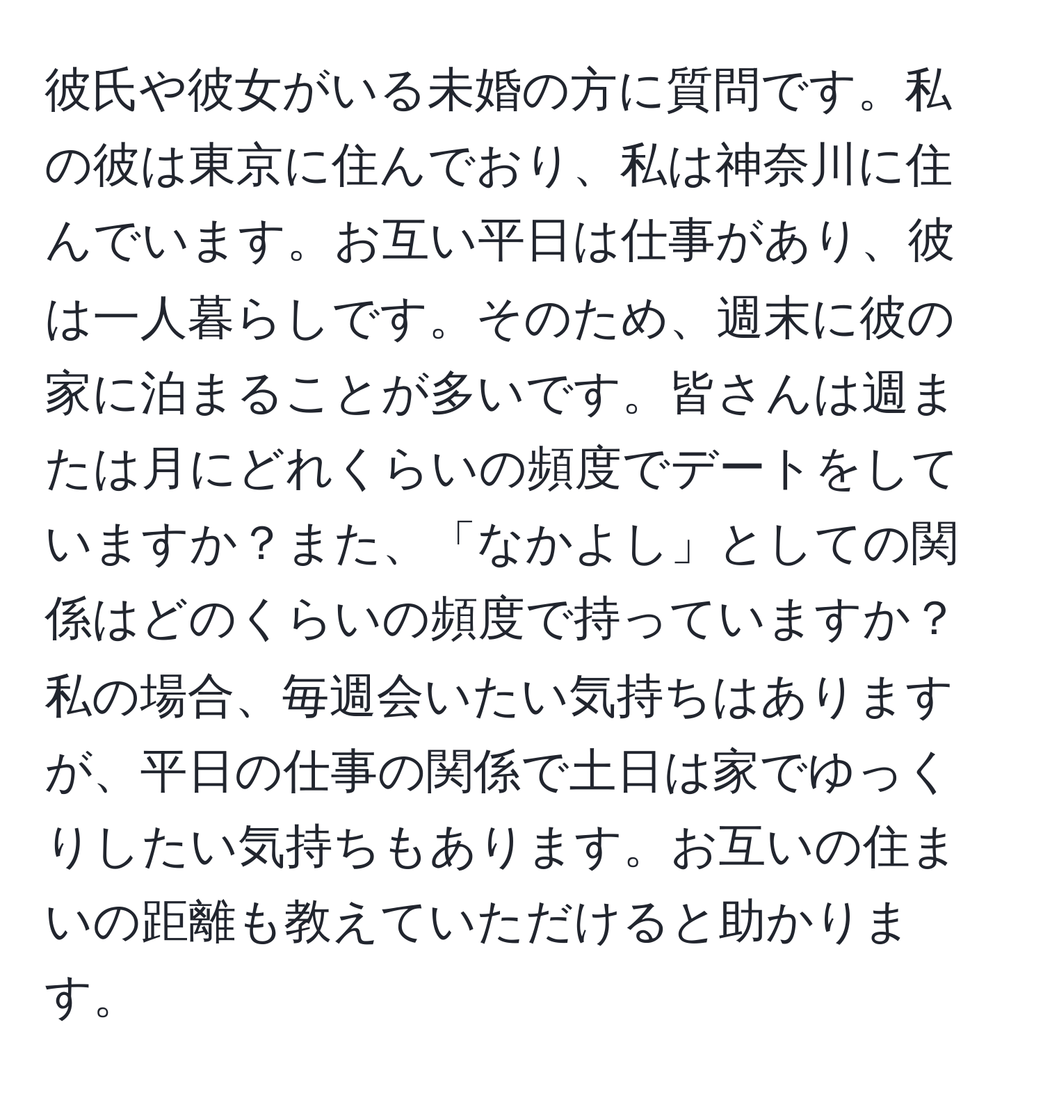 彼氏や彼女がいる未婚の方に質問です。私の彼は東京に住んでおり、私は神奈川に住んでいます。お互い平日は仕事があり、彼は一人暮らしです。そのため、週末に彼の家に泊まることが多いです。皆さんは週または月にどれくらいの頻度でデートをしていますか？また、「なかよし」としての関係はどのくらいの頻度で持っていますか？私の場合、毎週会いたい気持ちはありますが、平日の仕事の関係で土日は家でゆっくりしたい気持ちもあります。お互いの住まいの距離も教えていただけると助かります。