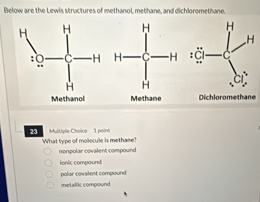 Below are the Lewis structures of methanol, methane, and dichloromethane.
23 Multiple Choice 1 point
What type of molecule is methane?
nonpolar covalent compound
ionic compound
polar covalent compound
metallic compound