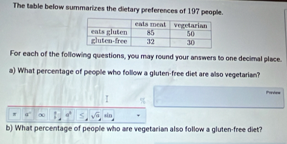 The table below summarizes the dietary preferences of 197 people. 
For each of the following questions, you may round your answers to one decimal place. 
a) What percentage of people who follow a gluten-free diet are also vegetarian? 
Preview
%
π a° ∞  a/b  a^b S sqrt(a) sin 
b) What percentage of people who are vegetarian also follow a gluten-free diet?