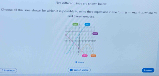 Five different lines are shown below. 
Choose all the lines shown for which it is possible to write their equations in the form y=mx+c where m
and c are numbers. 
U S A. ine C 
. . 
; 
. 
+ 
Linet Lint 
QZoom 
< Previous Watch video Answer