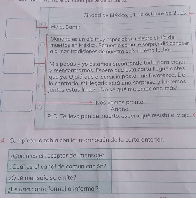 de cada pare 
Ciudad de México, 31 de octubre de 2023. 
Hola, Santi: 
Mañana es un día muy especial: se celebra el día de 
muertos en México. Recuerdo cómo te sorprendió conocer 
algunas tradiciones de nuestro país en esta fecha. 
Mis papás y yo estamos preparando todo para viajar 
y reencontrarnos. Espero que esta carta llegue antes 
que yo. Ojalá que el servicio postal me favorezca. De 
lo contrario, mi llegada será una sorpresa y leeremos 
juntos estas líneas. ¡No sé qué me emociona más! 
¡Nos vemos pronto! 
Ariana 
P. D. Te llevo pan de muerto, espero que resista el viaje. < 
4. Completa la tabla con la información de la carta anterior.