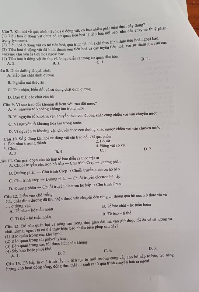 Khi nói về quá trình tiêu hoá ở động vật, có bao nhiêu phát biểu dưới đây đúng?
(1) Tiêu hoá ở động vật chưa có cơ quan tiêu hoá là tiêu hoá nội bảo, nhờ các enzyme thuỷ phân
trong lysosome.
(2) Tiêu hoá ở động vật có túi tiêu hoá, quá trình tiêu hoá chỉ theo hình thức tiêu hoá ngoại bào.
(3) Tiêu hoá ở động vật đã hình thành ông tiêu hoá và các tuyên tiêu hoá, với sự tham gia của các
enzyme chủ yếu là tiêu hoá ngoại bào.
(4) Tiêu hoá ở động vật ăn thịt và ăn tạp diễn ra trong cơ quan tiêu hóa.
D. 4.
A. 2. B. 3.
C. 1.
lâu 8. Dinh dưỡng là quá trình:
A. Hắp thụ chất dinh dưỡng
B. Nghiền nát thức ăn
C. Thu nhận, biến đồi và sử dụng chất dinh dưỡng
D. Đào thải các chất cặn bã
Câu 9. Vì sao trao đổi khoáng đi kèm với trao đổi nước?
A. Vì nguyên tố khoáng không tan trong nước.
B. Vì nguyên tố khoáng vận chuyển theo con đường khác cùng chiều với vận chuyển nước.
C. Vì nguyên tố khoáng hòa tan trong nước.
D. Vì nguyên tố khoáng vận chuyển theo con đường khác ngược chiều với vận chuyển nước.
Câu 10. Số ý đúng khi nói về động vật chỉ trao đổi khí qua phổi?
1. Ếch nhái trưởng thành 2. Bò sát
4. Động vật có vú
3. Chim B. 4
A. 3 C. 1 D. 2
Câu 11. Các giai đoạn của hô hấp tế bào diễn ra theo trật tự
A. Chuỗi truyền electron hô hấp → Chu trình Crep → Đường phân
B. Đường phân → Chu trình Crep→ Chuỗi truyền electron hộ hấp
C. Chu trình crep → Đường phân → Chuối truyền electron hô hấp
D. Đường phân → Chuỗi truyền electron hô hấp→ Chu trình Crep
Câu 12. Điền vào chỗ trống:
Các chất dinh dưỡng đã thu nhận được vận chuyển đến từng ... thông qua hệ mạch ở thực vật và
.. ở động vật. B. Tế bảo chất - hệ tuần hoàn
A. Tế bào - hệ tuần hoàn
C. Ti thể - hệ tuần hoàn D. Tế bào - ti thể
Câu 13. Để bảo quản hạt và nông sản trong thời gian dài mà vẫn giữ được tối đa về số lượng và
chất lượng, người ta có thể thực hiện bao nhiêu biện pháp sau đây?
(1) Bảo quản trong các kho lạnh.
(2) Bảo quản trong túi polyethylene.
(3) Bảo quản trong các túi được hút chân không.
(4) Sấy khô hoặc phơi khô. C. 4. D. 3.
A. 1. B. 2.
Câu 14. Hô hấp là quá trình lấy ... liên tục từ môi trường cung cấp cho hô hấp tế bào, tạo năng
lượng cho hoạt động sống, đồng thời thải .. sinh ra từ quá trình chuyển hoá ra ngoài.