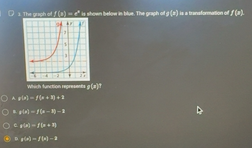 Solved: The graph of f(x)=e^x is shown below in blue. The graph of g(x ...