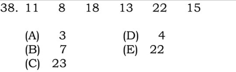 11 8 18 13 22 15
(A) 3 (D) 4
(B) 7 (E) 22
(C) 23