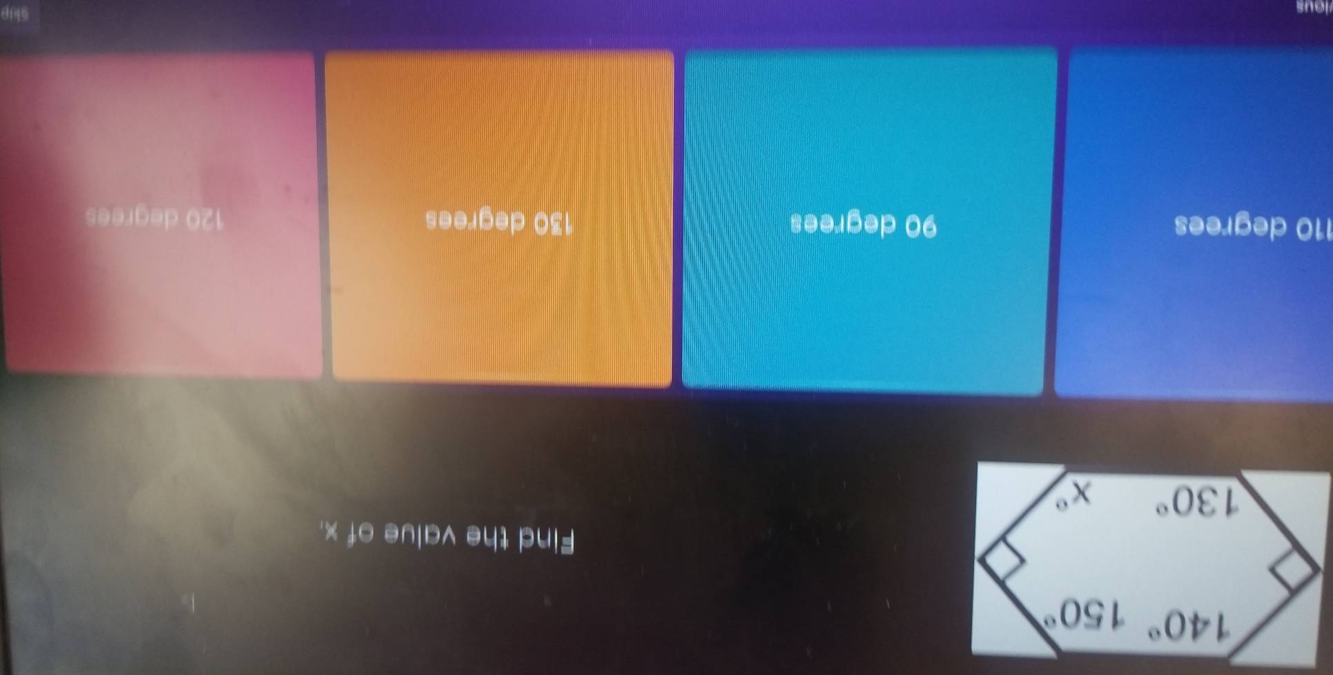 Find the value of x.
110 degrees 90 degrees 130 degrees 120 degrees
ous
slup
