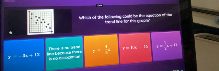 Which of the following could be the equation of the
trend line for this graph?
y=-3x+12 line because there There is no trend y=- 4/3 x y=10x-15 y= 1/2 x+11
is no association