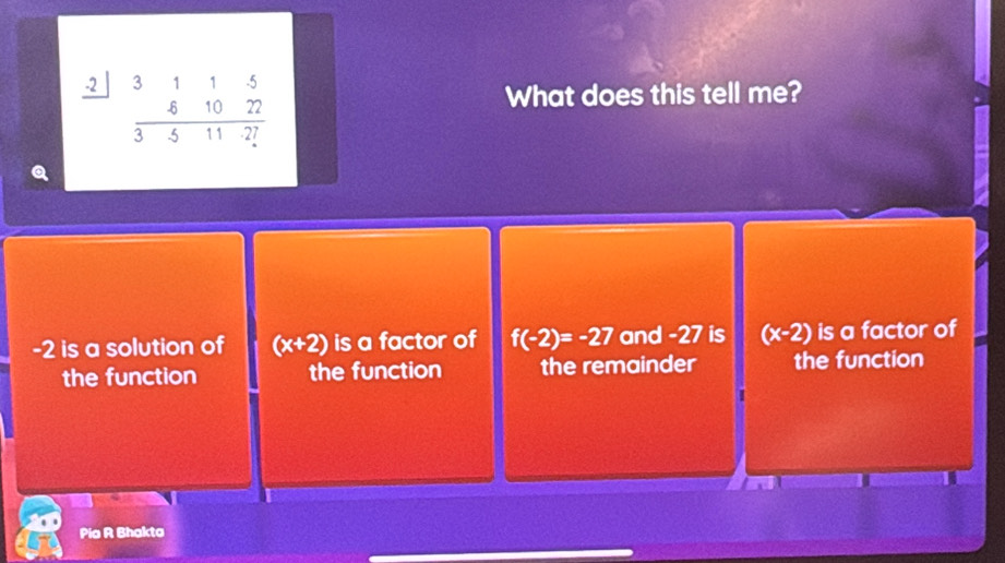 frac -2]3115beginarrayr -5 -51022endarray 
What does this tell me?
-2 is a solution of (x+2) is a factor of f(-2)=-27 and -27 is (x-2) is a factor of
the function the function the remainder the function
Pia R Bhakta