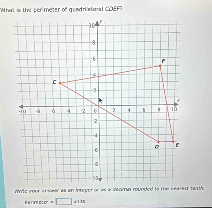 What is the perimeter of quadrilateral CDEF?
Perimeter =□ units