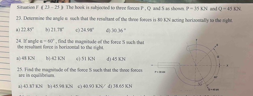 Situation F (( 23 - 25 ) The hook is subjected to three forces P , Q and S as shown. P=35KN and Q=45KN.
23. Determine the angle α such that the resultant of the three forces is 80 KN acting horizontally to the right.
a) 22.85° b) 21.78° c) 24.98° d) 30.36°
24. If angle alpha =60° , find the magnitude of the force S such that
the resultant force is horizontal to the right.
a) 48 KN b) 42 KN c) 51 KN d) 45 KN
25. Find the magnitude of the force S such that the three forces 
are in equilibrium.
a) 43.87 KN b) 45.98 KN c) 40.93 KN d) 38.65 KN