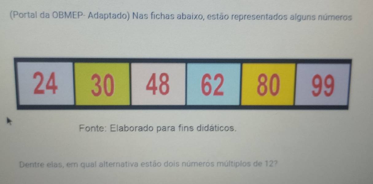 (Portal da OBMEP- Adaptado) Nas fichas abaixo, estão representados alguns números 
Fonte: Elaborado para fins didáticos. 
Dentre elas, em qual alternativa estão dois números múltiplos de 12?