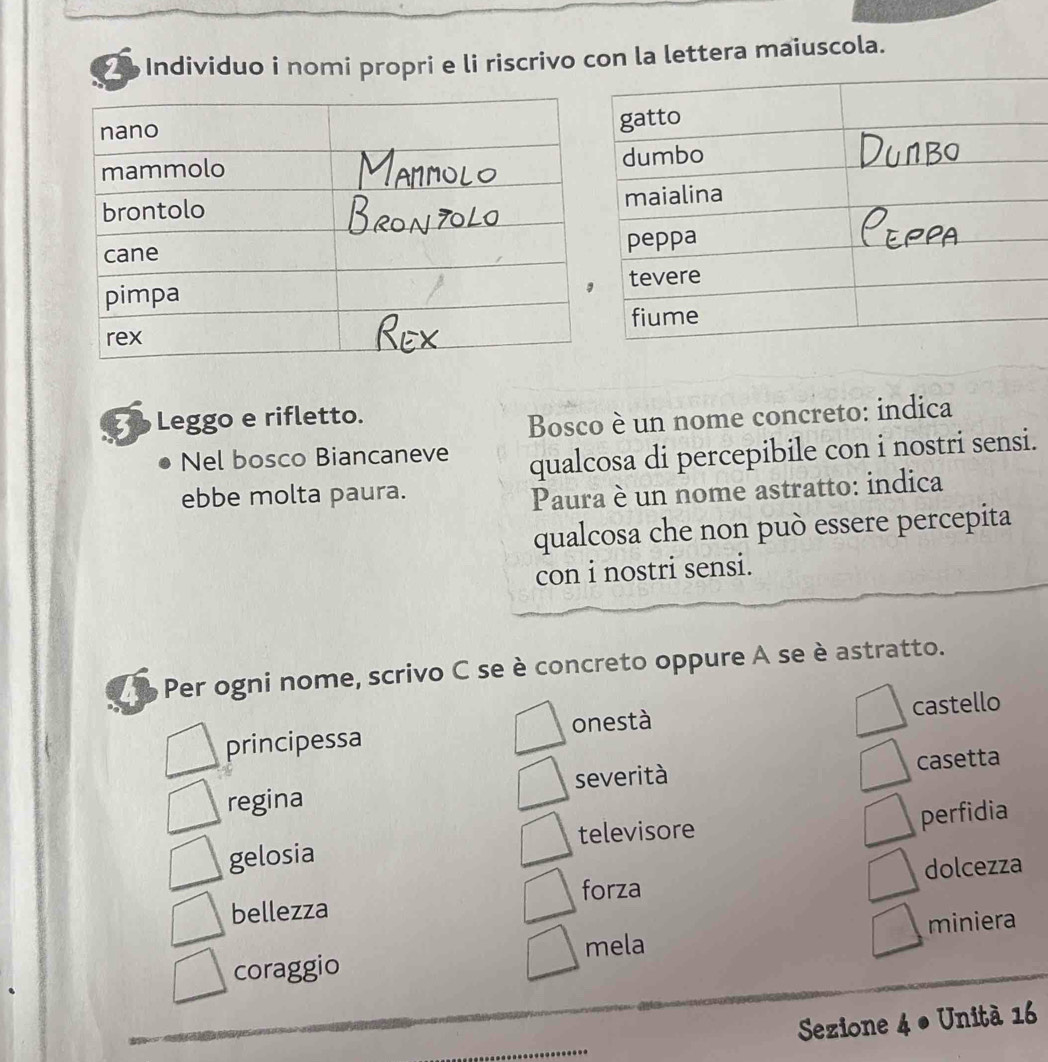 Individuo i nomi propri e li riscrivo con la lettera maiuscola.
Leggo e rifletto.
Bosco è un nome concreto: indica
Nel bosco Biancaneve qualcosa di percepibile con i nostri sensi.
ebbe molta paura.
Paura è un nome astratto: indica
qualcosa che non può essere percepita
con i nostri sensi.
Per ogni nome, scrivo C se è concreto oppure A se è astratto.
principessa onestà castello
regina severità casetta
gelosia televisore
perfidia
bellezza dolcezza
forza
coraggio mela miniera
Sezione 4 • Unità 16