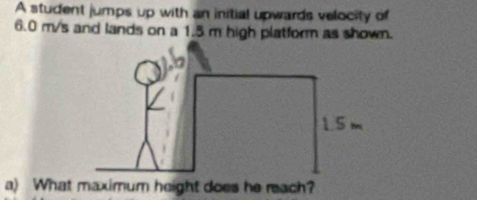 A student jumps up with an initial upwards velocity of
6.0 m/s and lands on a 1.5 m high platform as shown. 
a) What maximum height does he reach?