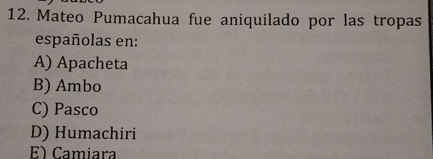 Mateo Pumacahua fue aniquilado por las tropas
españolas en:
A) Apacheta
B) Ambo
C) Pasco
D) Humachiri
E) Camiara