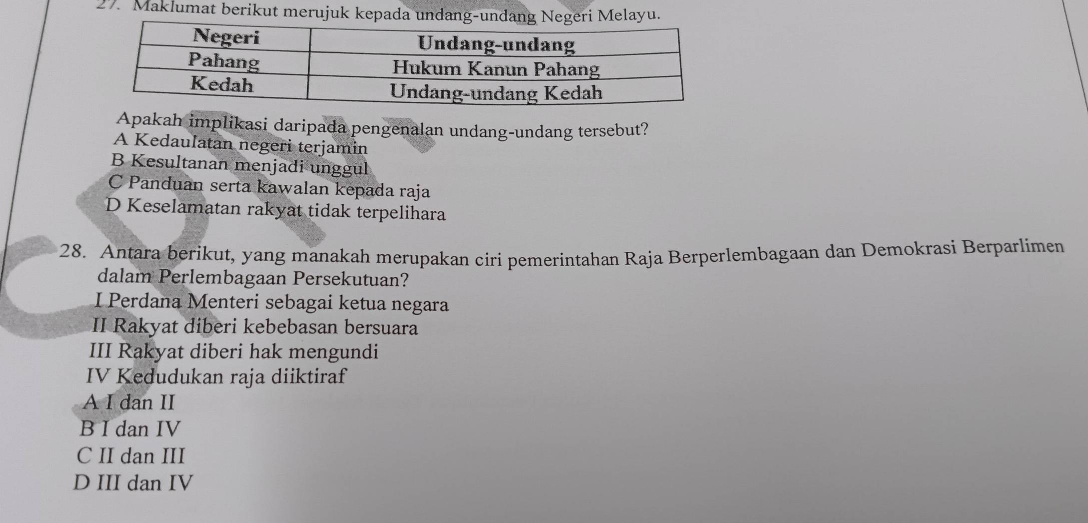 Maklumat berikut merujuk kepada undang-undang Negeri Melayu.
Apakah implikasi daripada pengenalan undang-undang tersebut?
A Kedaulatan negeri terjamin
B Kesultanan menjadi unggul
C Panduan serta kawalan kepada raja
D Keselamatan rakyat tidak terpelihara
28. Antara berikut, yang manakah merupakan ciri pemerintahan Raja Berperlembagaan dan Demokrasi Berparlimen
dalam Perlembagaan Persekutuan?
I Perdana Menteri sebagai ketua negara
II Rakyat diberi kebebasan bersuara
III Rakyat diberi hak mengundi
IV Kedudukan raja diiktiraf
A I dan II
B I dan IV
C II dan III
D III dan IV