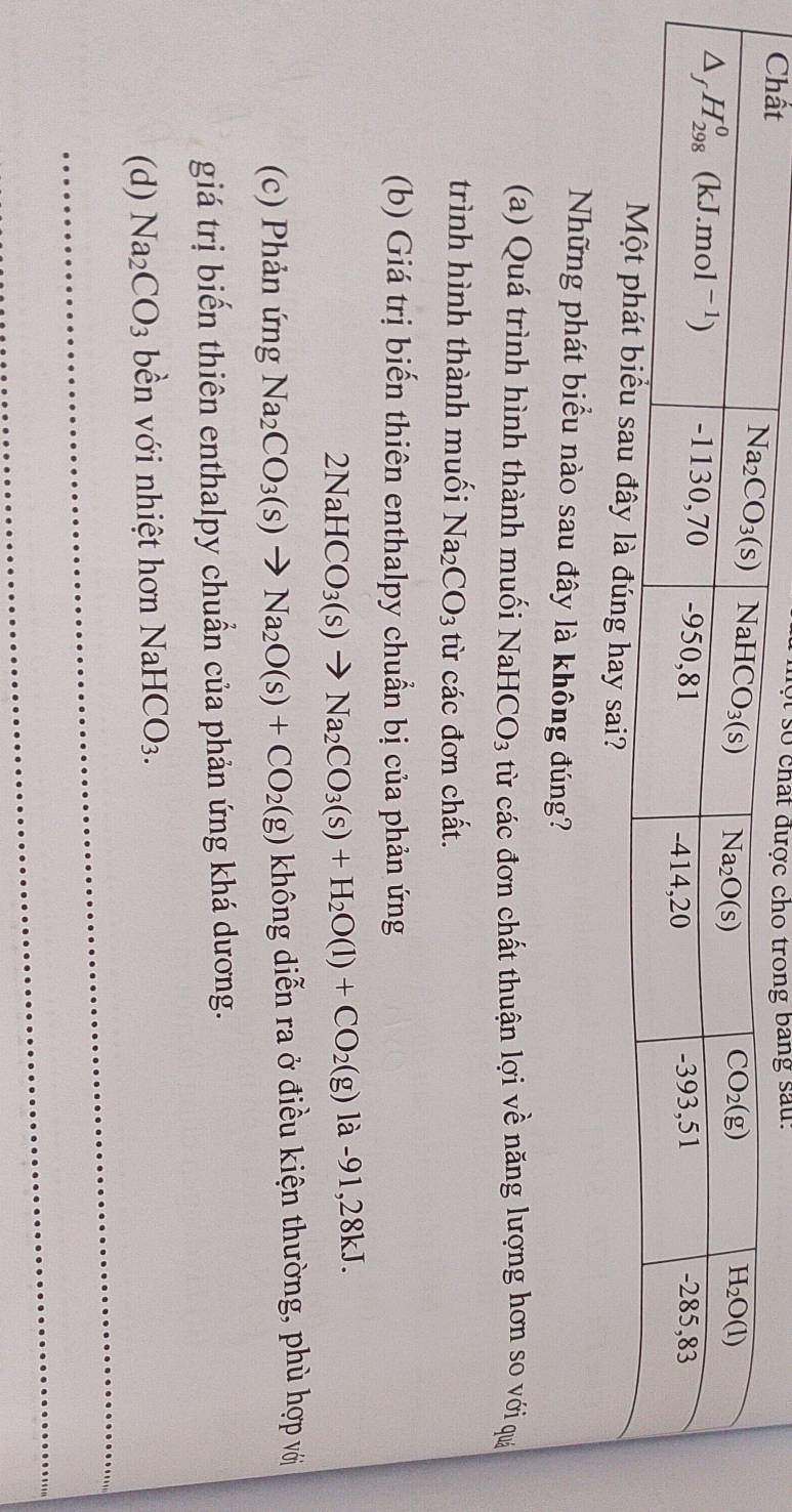 một số cau.
Những phát biểu nào sau đây là không đúng?
(a) Quá trình hình thành muối NaHCO_3 từ các đơn chất thuận lợi về năng lượng hơn so với quá
trình hình thành muối Na_2CO_3 từ các đơn chất.
(b) Giá trị biến thiên enthalpy chuẩn bị của phản ứng
2NaHCO_3(s)to Na_2CO_3(s)+H_2O(l)+CO_2(g)la-91,28kJ.
(c) Phản ứng Na_2CO_3(s)to Na_2O(s)+CO_2(g) không diễn ra ở điều kiện thường, phù hợp với
giá trị biến thiên enthalpy chuẩn của phản ứng khá dương.
(d) Na_2CO_3 bền với nhiệt hơn NaHCO_3.
_
_
_