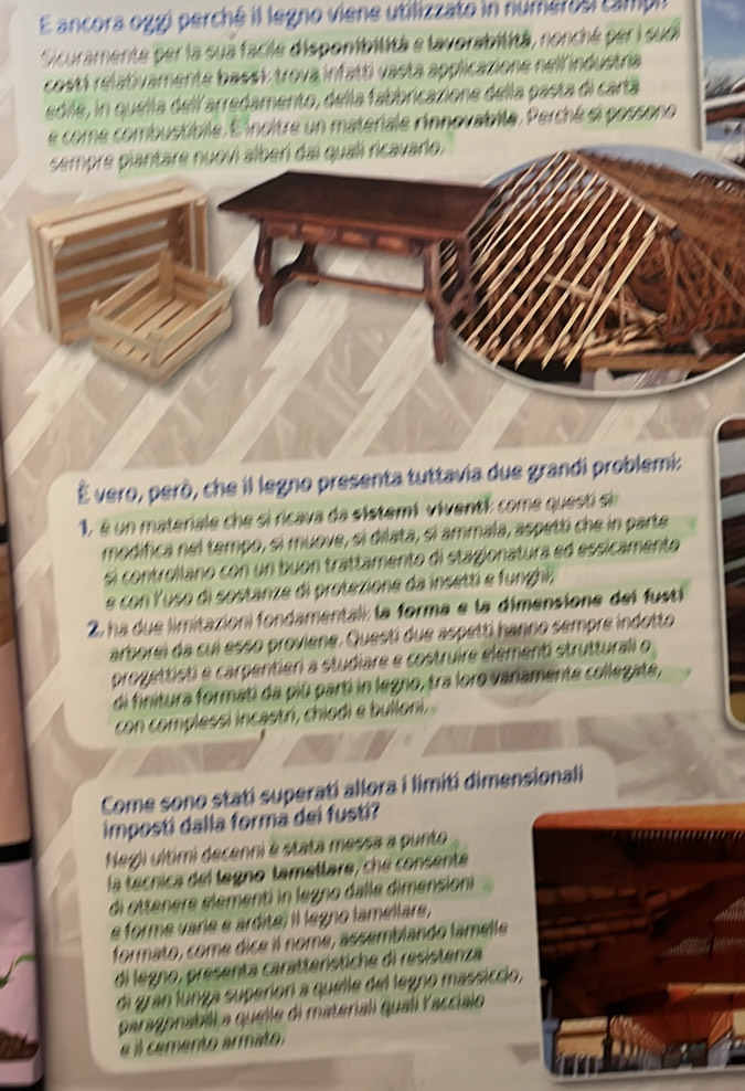 ancora oggi perchá il legno viene utilizzato in numertal campu
Sicuramente per la sua facile disponibitità e lavorabitità, nonché per i sudi
costí relativamente bass½ trova infatti vasta applicazione nell'industria
edile, in quella delí arredamento, della fabbricazione della pasta di cartá
e come combustibile. E'noitre un materiale rinnovabile. Perché si possono
sempre piantare nuovi alberí dai qualí ricavaro.
É vero, però, che il legno presenta tutt
1, é un materiale che si ricava da sistemi viventi come quest se
modifica nel tempo, si muove, si dilata, si ammala, aspetti che in parte
sí controllano con un buon trattamento di stagionatura ed essicamento
e con Yuso di sostanze di protezione da insetti e funghi ;
2, ha due limitazioni fondamentali la forma e la dimensione del fustí
arborei da cui esso proviene. Questi due aspetti hanno sempre indotto
progettisti e carpentieri a studiare e costruire element strutturali o
di finitura formati da piú partí in legno, tra loro variamente collegate,
con complessi incastr, chiodi e bulloni.
Come sono stati superati allora i limiti dimensionali
imposti dalla formá dei fusti?
Negli ultimi decenni é stata messa a punto
la técnica del legno tametlare, che consente
di ottenere elementi in legno dalle dimensioni
e forme varie e ardíte) il legno lamellare,
formato, come dice il nome, assemblando famelle
di legno, presenta caratterístiche di resistenza
di gran lúnga superiori a quelle del legno massiccio,
paragonabiia quelle di materiali qualí Yaccialo
e il cemento armato