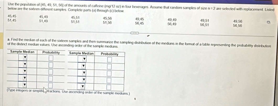 Use the population of  45,49,51,56 of the amounts of caffeine (mg/12 oz) in four beverages. Assume that random samples of size n=2 are selected with replacement. Listed 
below are the sixteen different samples. Complete parts (a) through (c) below.
45, 45 45, 49 45, 51 45, 56 49, 45
51, 45 51, 49 51, 51 51, 56 56, 45 56, 49 49, 49 49, 51 49, 56
56, 51 56, 56
a. Find the median of each of the sixteen samples and then summarize the sampling distribution of the medians in the format of a table representing the probability distribution 
of the distinct median values. Use ascending order of the sample medians. 
ntegers or simplific fractions. U order of the sample medians.)