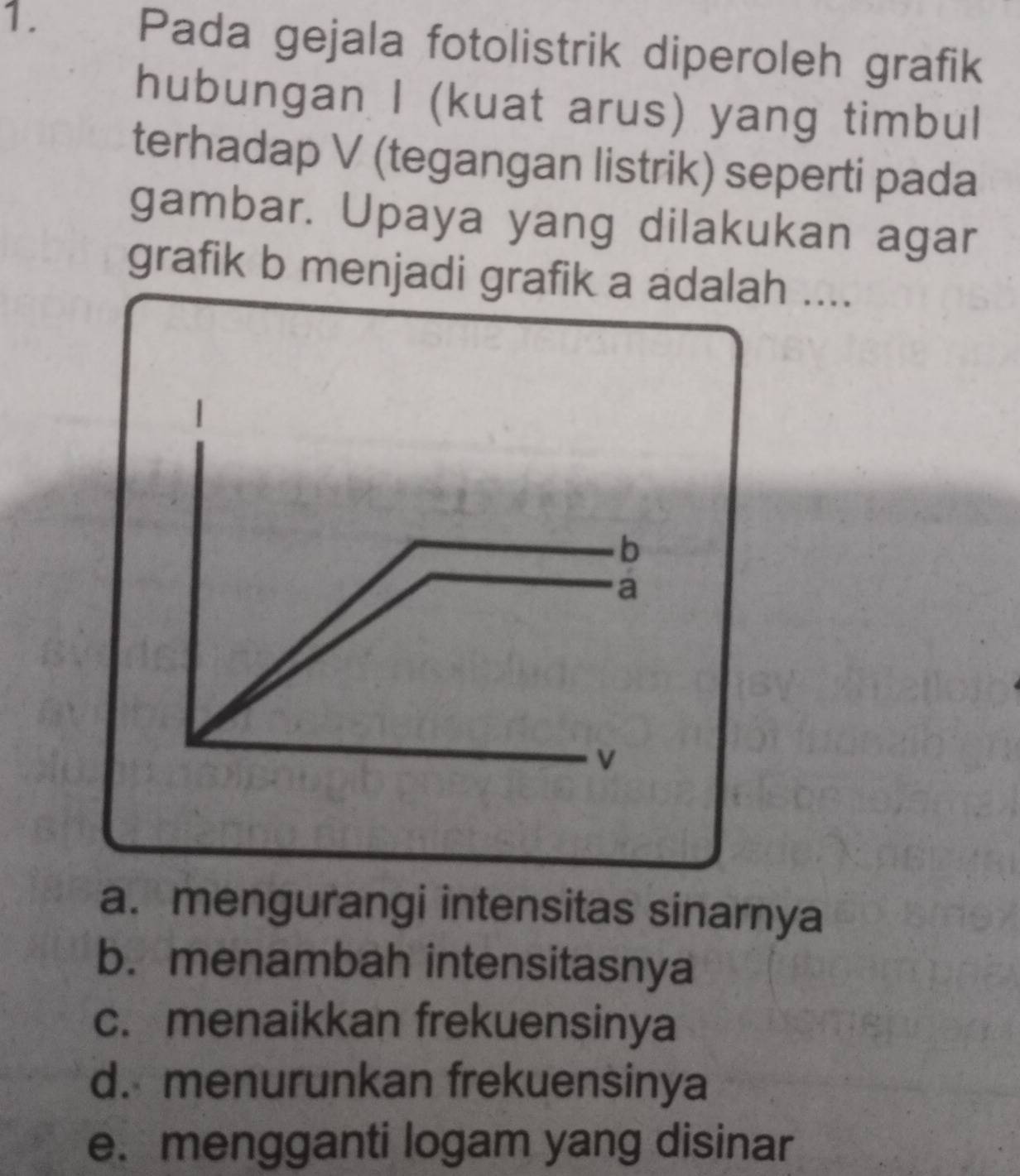 Pada gejala fotolistrik diperoleh grafik
hubungan I (kuat arus) yang timbul
terhadap V (tegangan listrik) seperti pada
gambar. Upaya yang dilakukan agar
grafik b menjadi grafik a adalah ....
b
a
V
a. mengurangi intensitas sinarnya
b. menambah intensitasnya
c. menaikkan frekuensinya
d. menurunkan frekuensinya
e. mengganti logam yang disinar