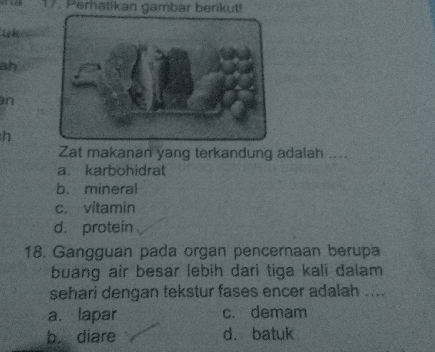 Perhatikan gambar berikut!
uk
ah
an
h
Zat makanan yang terkandung adalah ....
a. karbohidrat
b. mineral
c. vitamin
d. protein
18. Gangguan pada organ pencernaan berupa
buang air besar lebih dari tiga kali dalam
sehari dengan tekstur fases encer adalah ....
a. lapar c. demam
b diare d. batuk