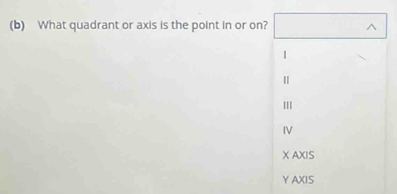 What quadrant or axis is the point in or on? ^
1
|
IV
X AXIS
Y AXIS