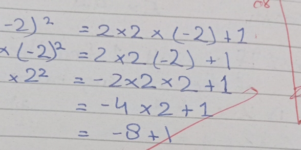 ①8
-2)^2=2* 2* (-2)+1
* (-2)^2=2* 2(-2)+1
* 2^2=-2* 2* 2+1
=-4* 2+1
=-8+x