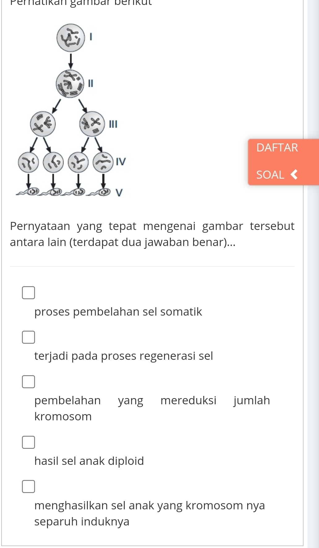 Pernatikan gänbär benkut
DAFTAR
SOAL
Pernyataan yang tepat mengenai gambar tersebut
antara lain (terdapat dua jawaban benar)...
proses pembelahan sel somatik
terjadi pada proses regenerasi sel
pembelahan yang mereduksi jumlah
kromosom
hasil sel anak diploid
menghasilkan sel anak yang kromosom nya
separuh induknya