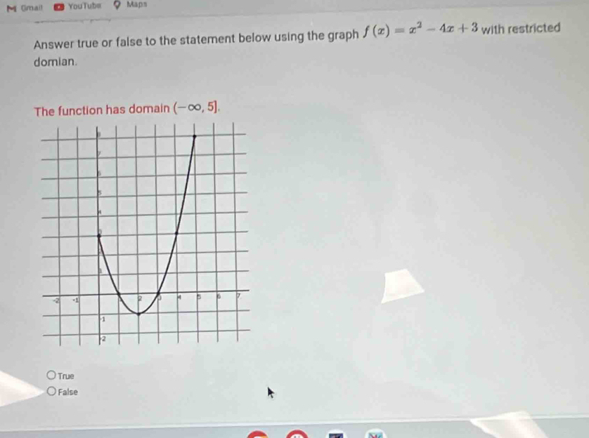 Gmail YouTube Maps
Answer true or false to the statement below using the graph f(x)=x^2-4x+3 with restricted
domian.
The function has domain (-∈fty ,5].
True
False