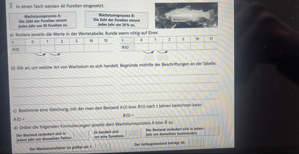 In einen Teich werden 40 Forellen eingesetzt.
Wachstumsprozess A: Wachstumsprozess B:
Die Zahl der Forellen nimmt Die Zahl der Forellen nimmt
jedes Jahr um 20 Forellen zu. jedes Jahr um 20% zu.
eweils die Werte in der Wertetabelle. Runde wenn nötig auf Einer.
b) Gib an, um welche Art von Wachstum es sich handelt. Begründe mithilfe der Beschriftungen an der Tabelle.
_
_
_
_
_
_
_
_
c) Bestimme eine Gleichung, mit der man den Bestand A(t) bzw. B(t) nach t Jahren berechnen kann.
_
B(t)=
A(t)=
_
d) Ordne die folgenden Formulierungen jeweils dem Wachstumsprozess A bzw. B zu.
Der Bestand verändert sich in Es handelt sich Der Bestand verändert sich in jedem
jedem Jahr um denselben Faktor. um eine Zunahme. Jahr um denselben Summanden.
Der Wachstumsfaktor ist größer als 1. Der Anfangsbestand beträgt 40.