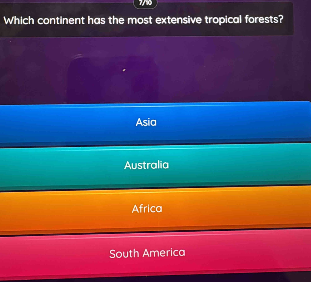 7/10
Which continent has the most extensive tropical forests?
Asia
Australia
Africa
South America