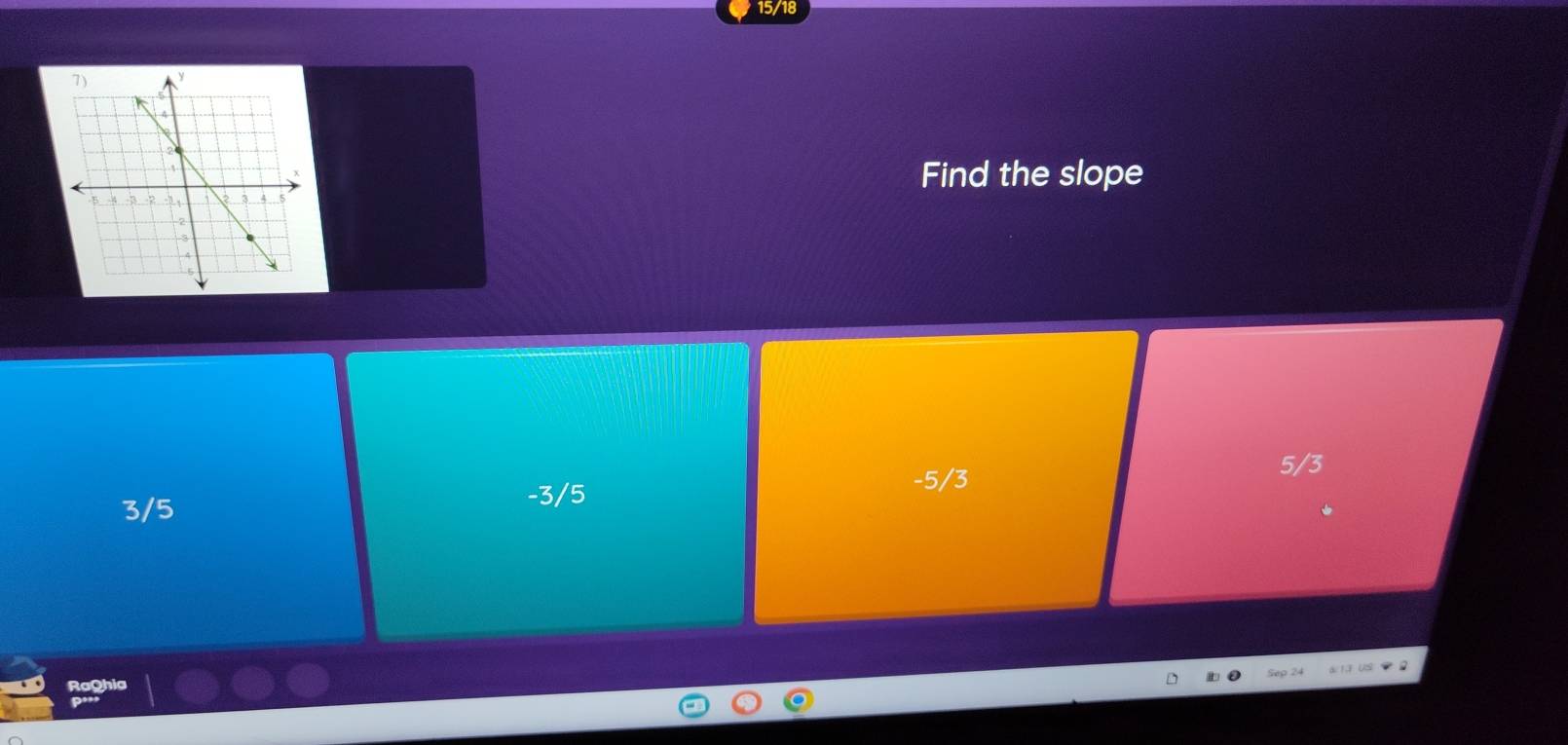 15/18
Find the slope
5/3
3/5
-3/5
-5/3
2