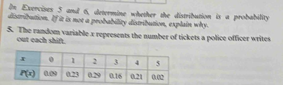 In Exercises 5 and 6, determine whether the distribution is a probability
distribution. If it is not a probability distribution, explain why.
5. The random variable x represents the number of tickets a police officer writes
out each shift.