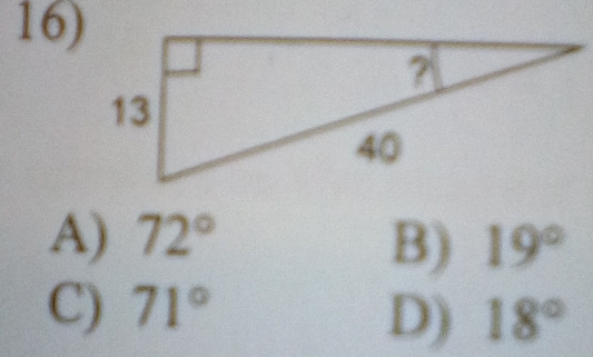 A) 72° B) 19°
C) 71°
D) 18°