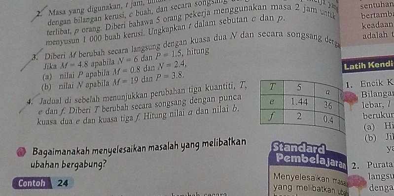 Masa yang digunakan, / jam I 
dengan bilangan kerusi, c buah, dan secara songsallg 
terlibat, p orang. Diberi bahawa 5 orang pekerja menggunakan masa 2 jam untuk bertamb sentuhan 
keadaan 
menyusun 1 000 buah kerusi. Ungkapkan t dalam sebutan c dan p. 
3. Diberi M berubah secara langsung dengan kuasa dua N dan secara songsang denga adalah t
Jika M=4.8 apabila N=6 dan P=1.5 , hitung 
(a) nilai P apabila M=0.8 dan N=2.4, 
(b) nilai N apabila M=19 dan P=3.8. Latih Kendi 
4. Jadual di sebelah menunjukkan perubahan tiga kuantiti, T, 1. Encik K
e dan f. Diberi T berubah secara songsang dengan punca Bilangar 
kuasa dua e dan kuasa tiga £ Hitung nilai ā dan nilai b.lebar, l 
berukur 
(a) Hi 
D Bagaimanakah menyelesaikan masalah yang melibatkan (b) Ji 
Standard ya 
Pembelajaran 
ubahan bergabung? 2. Purata 
langsu 
Menyelesaikan masal 
Contoh 24 denga 
yang melibatkan uba