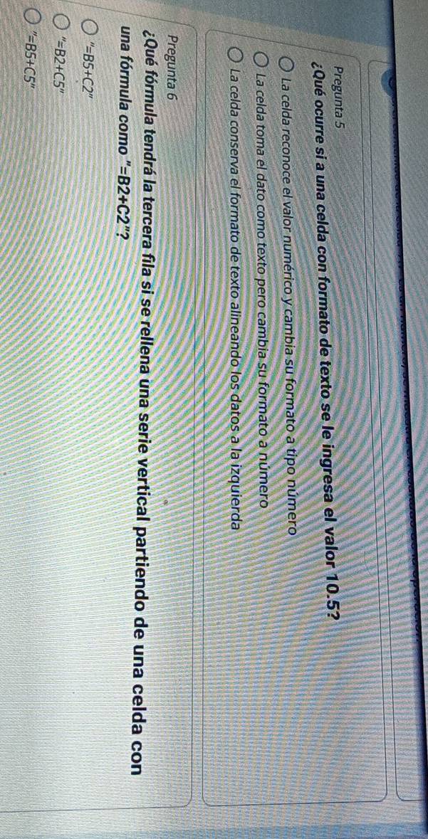 Pregunta 5
¿Qué ocurre si a una celda con formato de texto se le ingresa el valor 10.5?
La celda reconoce el valor numérico y cambia su formato a tipo número
La celda toma el dato como texto pero cambia su formato a número
La celda conserva el formato de texto alineando los datos a la izquierda
Pregunta 6
¿Qué fórmula tendrá la tercera fila si se rellena una serie vertical partiendo de una celda con
una fórmula como " =B2+C2'' ?
''=B5+C2''
''=B2+C5''
''=B5+C5''