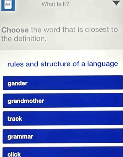 Aa What Is It?
Choose the word that is closest to
the definition.
rules and structure of a language
gander
grandmother
track
grammar
click