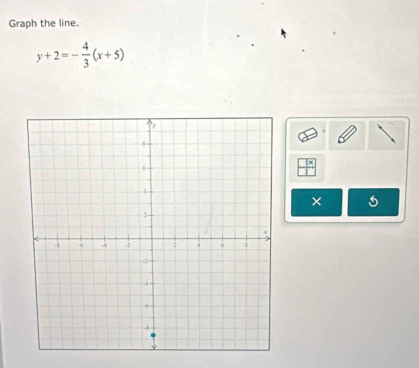 Graph the line.
y+2=- 4/3 (x+5)
x
×