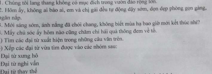 Chúng tôi lang thang không có mục đích trong vườn đào rộng lớn. 
2. Hôm ấy, không ai bảo ai, em và chị gái đều tự động dậy sớm, dọn dẹp phòng gọn gàng, 
ngăn nắp. 
3. Mới sáng sớm, ánh nắng đã chói chang, không biết mùa hạ bao giờ mới kết thúc nhi? 
4. Mấy chú sóc ấy hôm nào cũng chăm chỉ hái quả thông đem về tổ. 
() Tìm các đại từ xuất hiện trong những câu văn trên. 
() Xếp các đại từ vừa tìm được vào các nhóm sau: 
Đại từ xưng hô 
Đại từ nghi vấn 
Đai từ thay thế